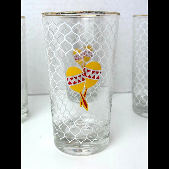Vintage 70s Maraca Fiesta Netted Net Highball Glasses Tumblers Cutler Barware - Picture 2 of 6